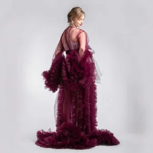 Long mesh ruffle maternity dress wine red elegant trailing photography gown for studio photo shoot