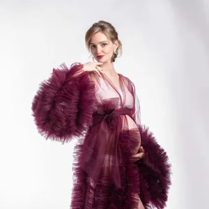 Elegant women long tulle ruffle tie maternity dress deep V puffy sleeve photo shoot gown
