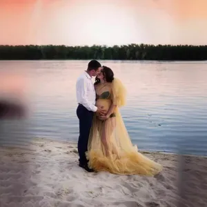 Yellow tulle maternity dress long train one shoulder elegant pregnancy photo gown apparel.