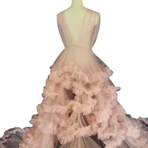 Elegant pink tulle ruffle long train deep V-neck wedding dress maternity photography gown