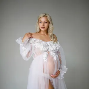 Schulterfreies Umstandskleid Spitzenapplikation lange Schleppe Tüll Fotografie Kleid Schwangere