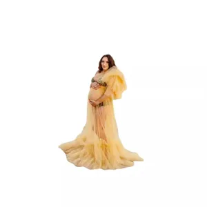 Solid color mesh patchwork maternity long dress, floor-length gown with train and ruffles.
