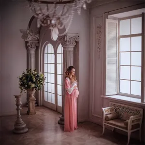Lange diepe V sexy zwangere vrouwen mesh doorzichtige jurk zwangerschapsfotografie roze kant