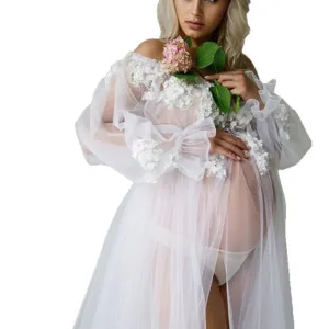 Umstandsmode Tüllkleid Off-Shoulder 3D Blumen Spitze Schlitz Schwangerschaft Fotografie