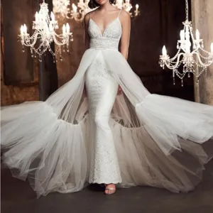 Elegant white wedding dress with detachable tulle train and lace mermaid bridal gown.