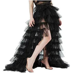 Detailed view of the black multi-layered tiered tulle ruffle high low skirt stage costume