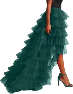 Women dark green tiered tulle high-low maxi skirt fluffy multi-layer stage party dress