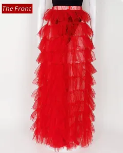Cross-border women red tiered tulle skirt fluffy cake skirt stage performance costume