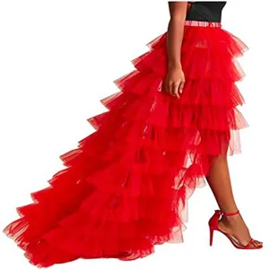 Women red high low tulle tutu skirt tiered fluffy party stage performance mesh half skirt