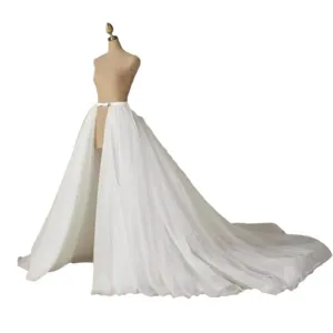 Korean style simple detachable wedding skirt white mesh long train bridal overskirt