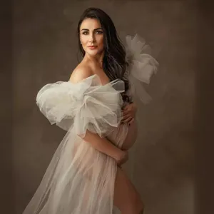 White tulle maternity dress for photography, plus size elegant long pregnancy photo shoot robe.