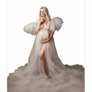 Maternity tulle dress long robe puffy sleeves plus size photo prop pregnancy gown