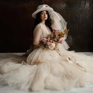 Women's V Neck Flare Sleeve Mesh Maxi Dress Maternity Photography Gown Wedding Morning Robe Solid Color Elegant Lace Up Dress