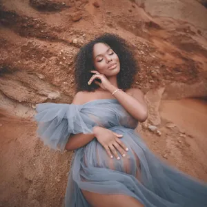 Stunning off-shoulder grey tulle maternity dress for photography, elegant high-waist long gown.