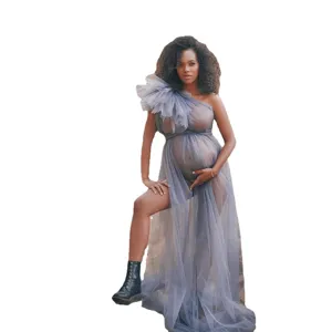 Elegant one shoulder sheer tulle maternity dress for women photography long evening gown