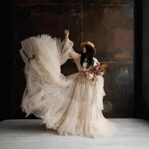 Robe longue en tulle à col V et manches trompette, élégante robe de photographie champagne
