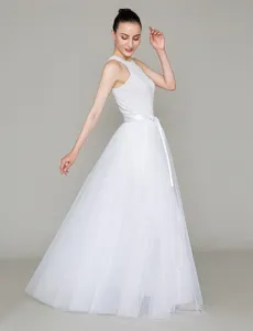 Detailed view of the elegant white tulle skirt with belt, perfect for stage and party wear.