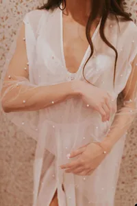 Sheer pearl mesh long cardigan detail, lightweight V-neck robe with elegant beaded accents.