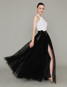 Women Black Tulle Split Maxi Skirt Elegant Princess Mesh Long Skirt for Stage Performance