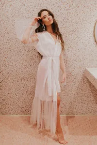 Women sheer pearl tulle lace-up long cardigan dress v-neck mesh robe overlay loungewear