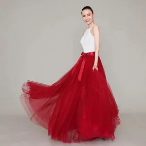 Women red tulle maxi skirt long puffy tutu skirt for stage performance party photography apparel.