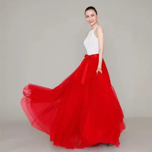 Women red mesh maxi skirt long tulle fluffy skirt for stage performance and party.