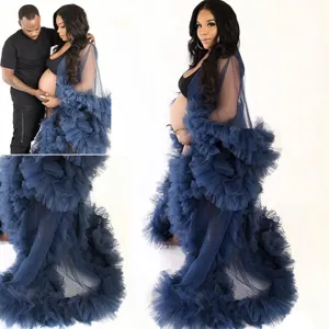 Long Tulle Maternity Photography Dress Sheer Ruffle Mesh Robe Bridal Shower Wedding Party Robe With Train For Women