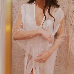 White sheer mesh long cardigan with pearl embellishments, elegant V-neck belted robe.