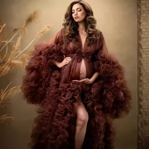 Vintage French Style Heavy Tulle Maternity Photography Gown V-Neck Ruffle Long Sleeve Bow Mesh Robe For Bride Wedding Dress
