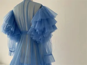 Blue sheer tulle robe with long sleeve ruffled dress for wedding photography party gown