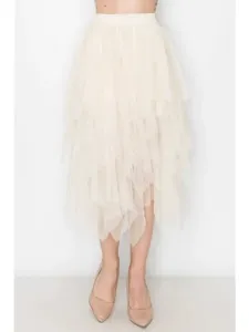Detailed view of women's high-waisted irregular multi-layer tulle midi skirt, elegant style.