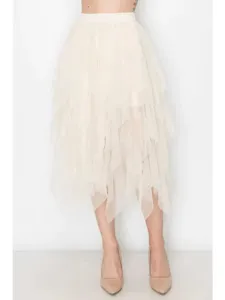 Detailed view of women high waist irregular mesh midi skirt multi-layer fluffy tulle skirt.