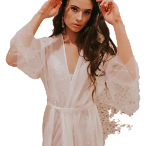 White sheer mesh pearl long cardigan robe V-neck waist-cinching sexy dress for women main