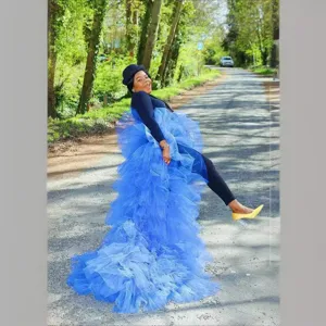 Women royal blue tulle detachable train skirt cake layered fluffy mesh photography dress