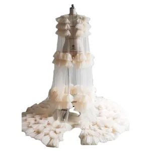 Elegant tulle ruffled long train bridal robe maternity photography cape prop dress new