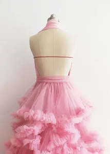 Pink halter backless layered tulle long dress for women, elegant wedding party gown.