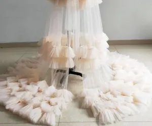 Mesh layered long train photography dress, fluffy tulle bridal robe and maternity apparel.