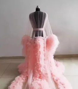 Damen rosa Tüll Schleppe Kleid langes transparentes Mesh Bademantel für Fotografie Umstandsmode
