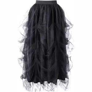 Élégante jupe longue noire en tulle taille haute multi-couches pour femmes, jupe mesh.
