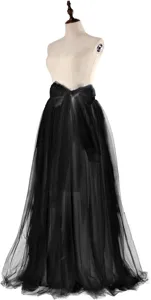 Detailed view of the black tulle mesh long skirt, featuring a delicate waist bow design.