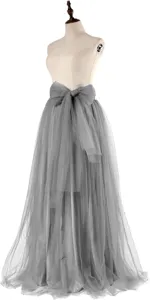 Elegant grey tulle maxi skirt for women featuring a waist bowknot design. Perfect for events.