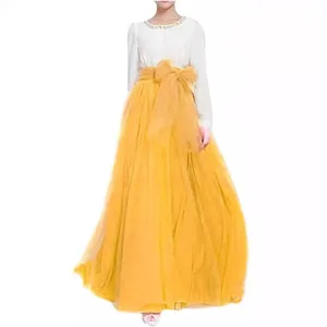 Women elegant yellow tulle maxi skirt with big bowknot long puffy mesh skirt for party