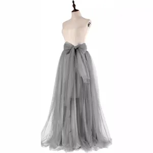 Grey tulle long skirt for women, elegant maxi tutu skirt with big bowknot for party stage show.