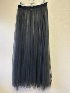 Women high waist long mesh tulle skirt elegant black A-line maxi tiered pleated skirt