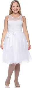 Women white detachable mesh tutu skirt bowknot lace-up knee-length stage performance apparel.
