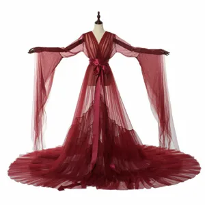 Burgundy long tulle robe with satin belt and dramatic train, perfect for photo shoots.