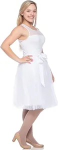 White mesh tulle skirt detail, sleeveless dress view, knee length party dress, bow belt