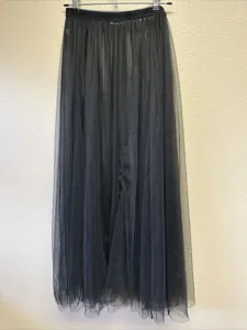 Detailed view of the black long tulle mesh fabric, showcasing the layered texture.