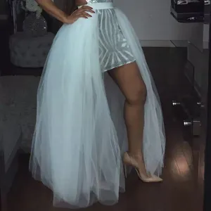 Women sequin mini dress with white tulle detachable train skirt, elegant high waist party wear.