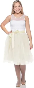 Detailed view of the layered mesh tulle skirt with a cute bow waist belt for women.